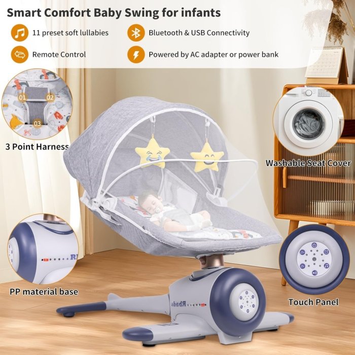 BabyTeddy Premium Baby Rocking Chair Electric Automatic Swing Rocker Soft Cushion Adjustable Speed Backrest Music Remote Control Safety Belt Bouncer with Toys  AeroBlue - Image 2